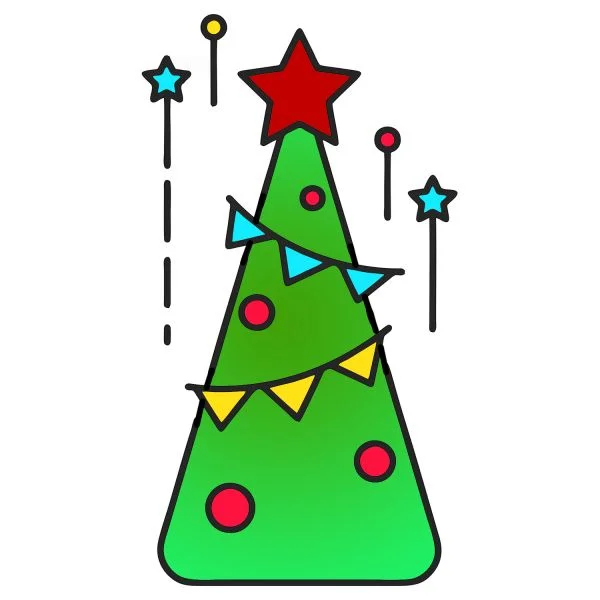 Цветной вариант раскраски новогодняя ёлка с флажками и звездой