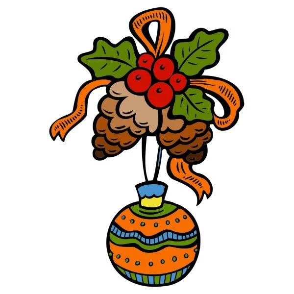 Цветной вариант раскраски новогодний шар с шишками