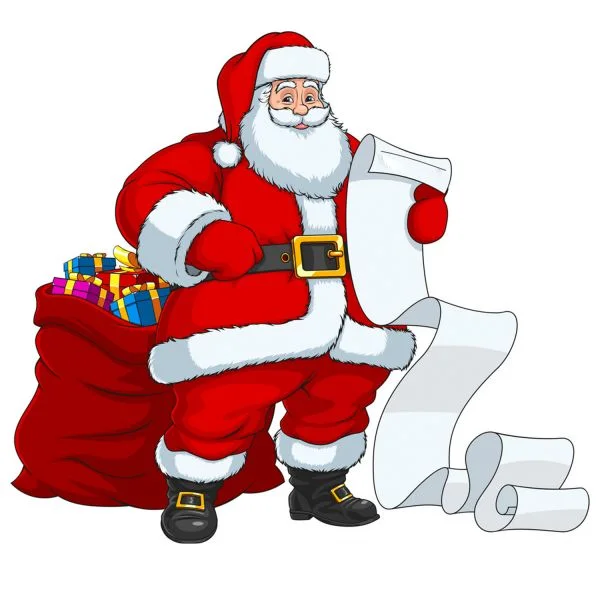 Цветной вариант раскраски санта клаус с подарками