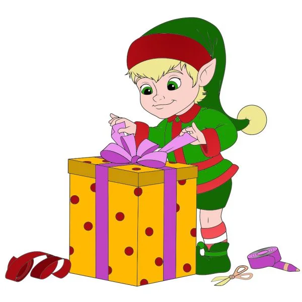 Цветной вариант раскраски эльф упаковывает подарок