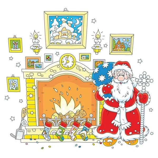 Цветной вариант раскраски дед мороз у камина с праздничными носками
