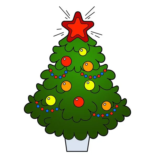 Цветной вариант раскраски пушистая красавица новогодняя ёлка со звездой