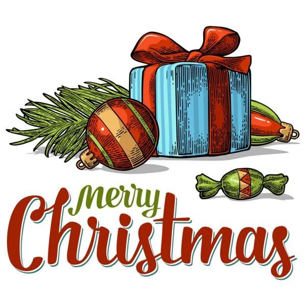 Цветной вариант раскраски еловая ветка, шар и подарок