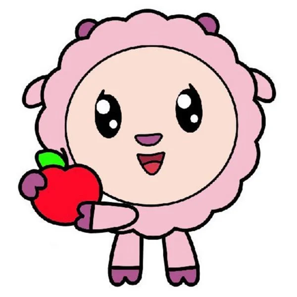Цветной вариант раскраски барашик с яблоком | малышарики