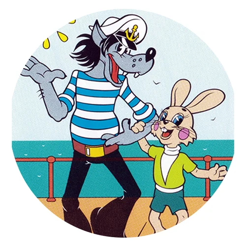 Цветной пример раскраски волк и заяц на корабле