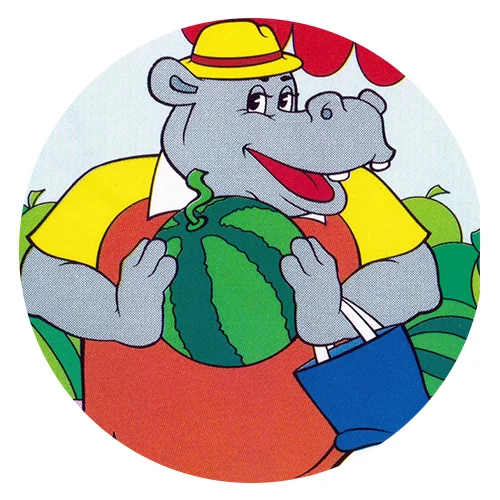 Цветной пример раскраски бегемот выбирает арбуз