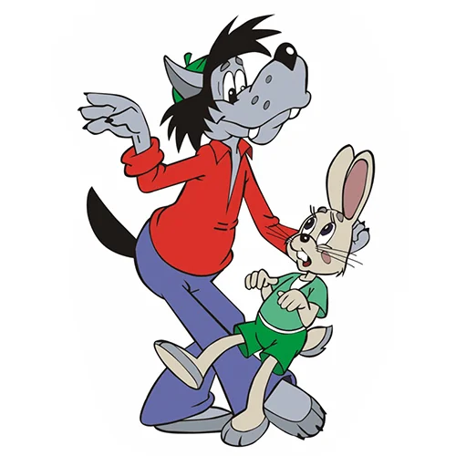 Цветной пример раскраски волк и заяц танцуют