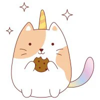 Цветной вариант раскраски кот-единорог с печенькой