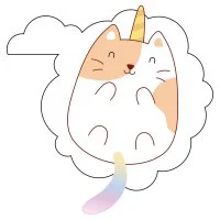 Цветной вариант раскраски кот-единорог в облаке