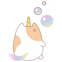 Цветной вариант раскраски кот-единорог и мыльные пузыри