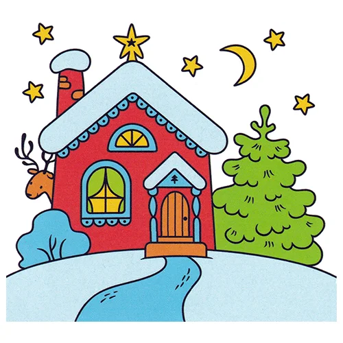 Цветной пример раскраски зимний домик в лесу