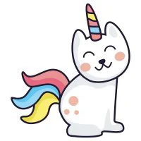 Цветной вариант раскраски кот-единорог сидит