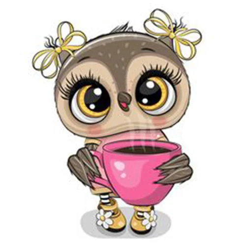 Цветной вариант раскраски сова с чашкой кофе