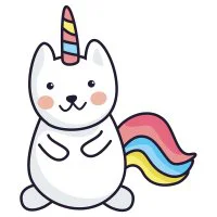 Цветной вариант раскраски кот-единорог на задних лапках