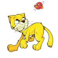 Цветной пример раскраски кот смотрит на птичку