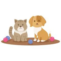 Цветной вариант раскраски кот и песик с шариками