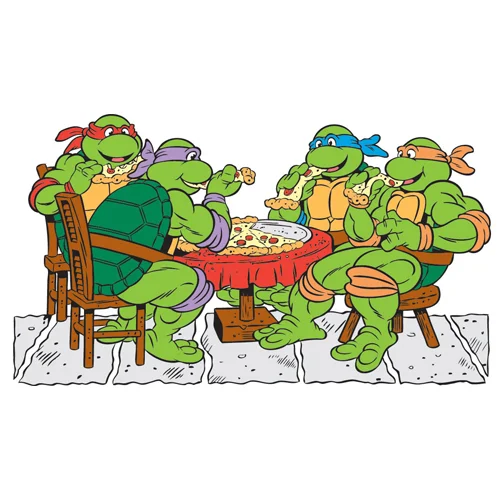 Цветной вариант раскраски черепашки-ниндзя за столом едят пиццу