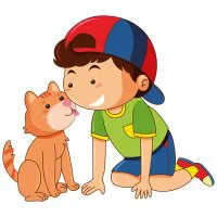 Цветной вариант раскраски кот и мальчик