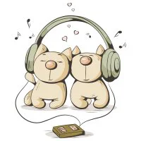 Цветной пример раскраски котята в наушниках