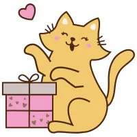 Цветной вариант раскраски котик с подарком