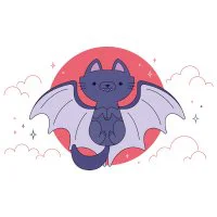 Цветной вариант раскраски котенок-летучая мышь хэллоуин