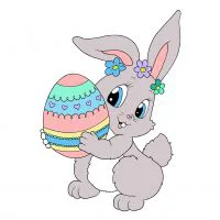 Цветной вариант раскраски зайка с пасхальным яичком