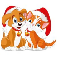 Цветной вариант раскраски котенок и щенок новый год