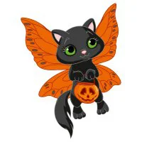 Цветной вариант раскраски котенок на хэллоуине с тыквой