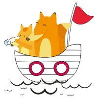 Цветной пример раскраски лиса и лисенок на лодке