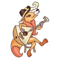 Цветной пример раскраски лиса из сказок с балалайкой