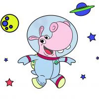 Цветной вариант раскраски бегемот космонавт