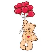 Цветной вариант раскраски плюшевый мишка с сердечком и шариками