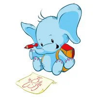 Цветной вариант раскраски слоненок рисует