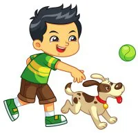 Цветной пример раскраски мальчик играет с собакой