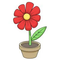Цветной вариант раскраски цветочек гербера или ромшка в горшке
