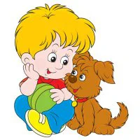 Цветной пример раскраски мальчик и щенок