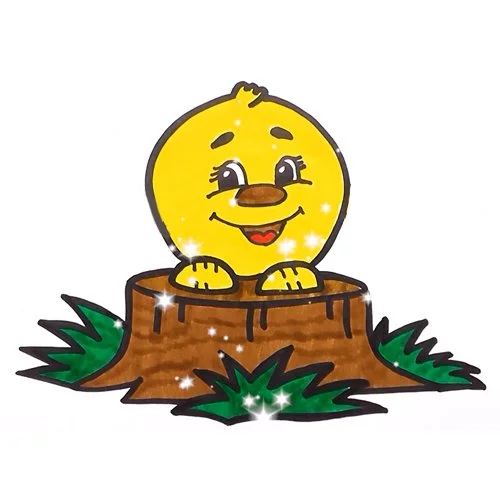 Цветной пример раскраски колобок на пеньке