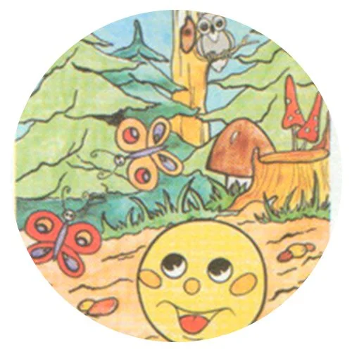 Цветной пример раскраски колобок смотрит лес