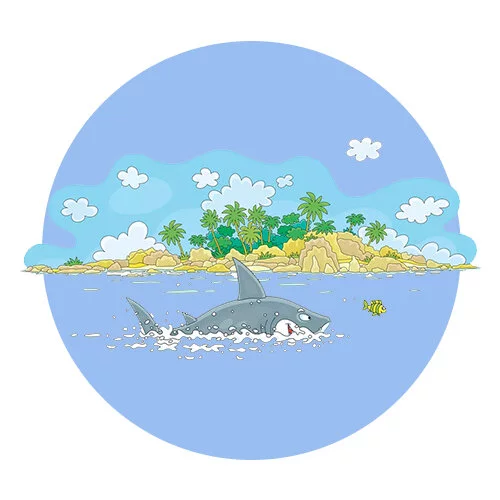 Цветной вариант раскраски акула и необитаемый остров