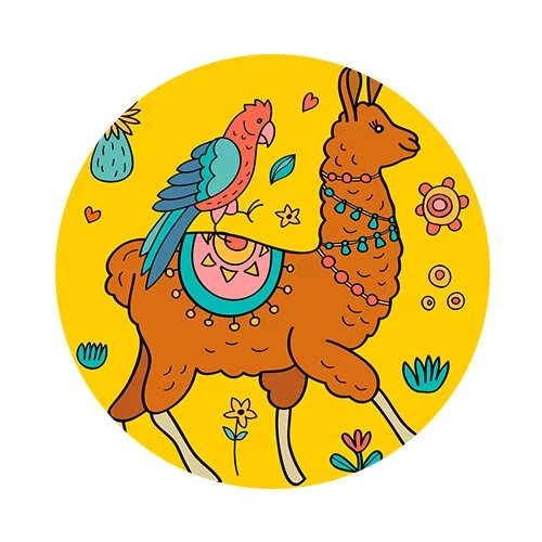 Цветной вариант раскраски альпака и попугай