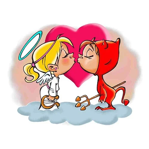 Цветной вариант раскраски ангел полюбил чертика