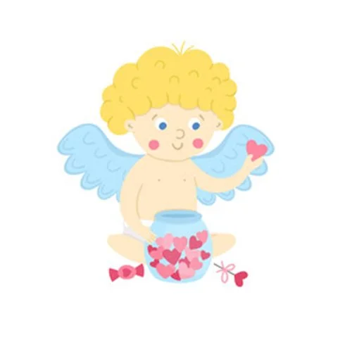 Цветной вариант раскраски ангелок с сердечками