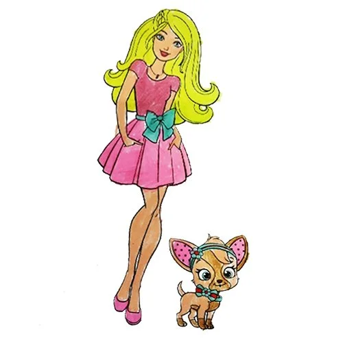 Цветной вариант раскраски барби в платье с бантом и с собачкой