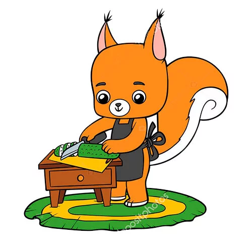 Цветной пример раскраски белка режет огурец