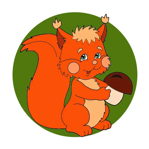 Цветной вариант раскраски белочка держит гриб