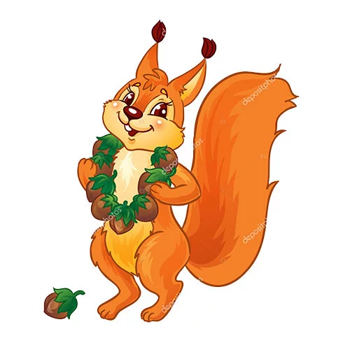 Цветной пример раскраски белочка в бусах из орехов