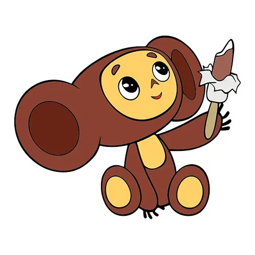 Цветной вариант раскраски чебурашка ест мороженое