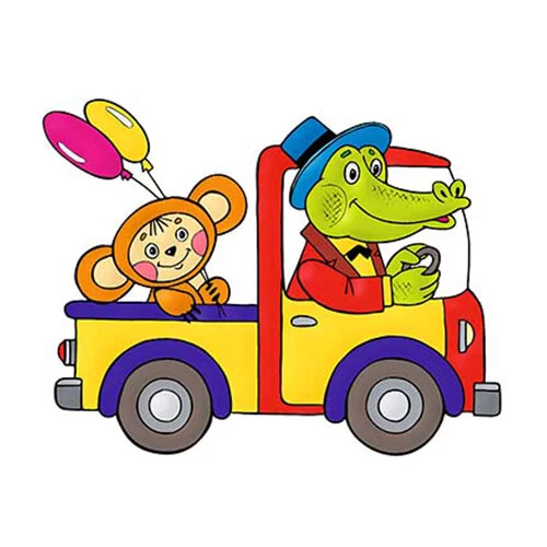 Цветной вариант раскраски чебурашка и гена на машине