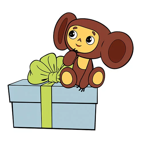 Цветной вариант раскраски чебурашка и подарок