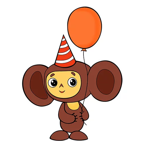 Цветной вариант раскраски чебурашка с воздушным шариком